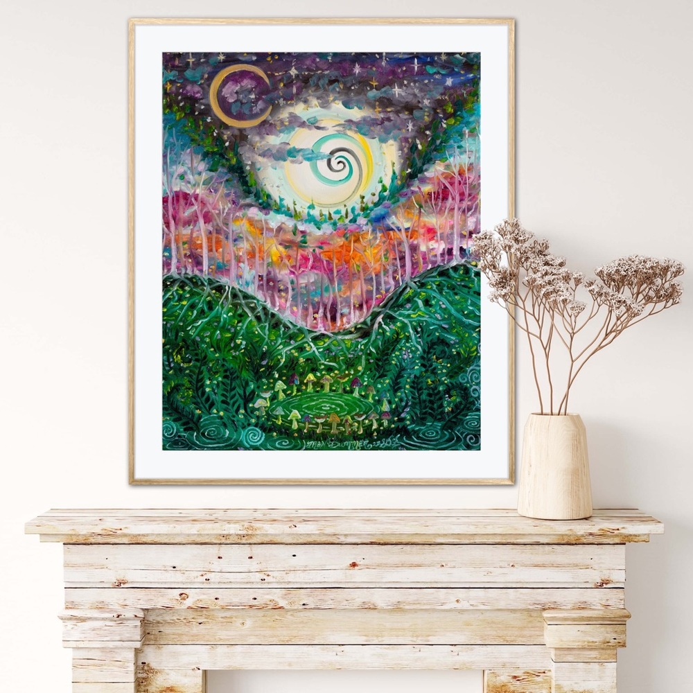 Fairy Ring Art Print Oil Painting fairytale fantasy mushrooms moon forest decor - Picture 4 of 7